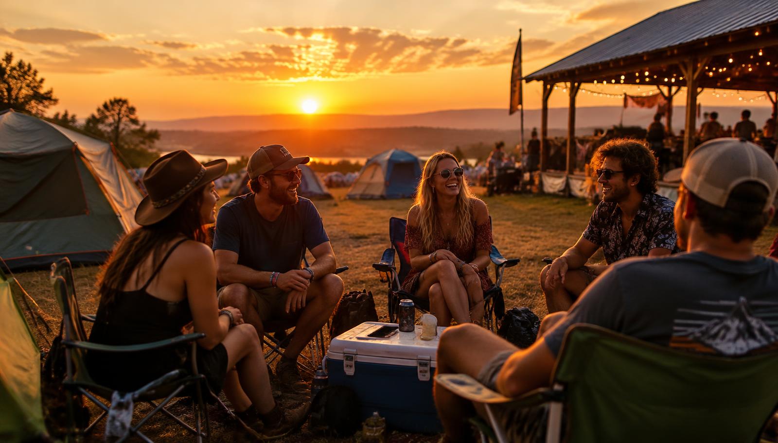 Freundesgruppe auf einem Festival-Campingplatz bei Sonnenuntergang
